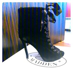 Velvet and satin lace up peep tie bootie